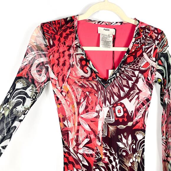 FUZZI Mystical Print Long Sleeve Midi Dress Ruby Red V-Neck Mesh Y2K 90s Sz S - Picture 6 of 11